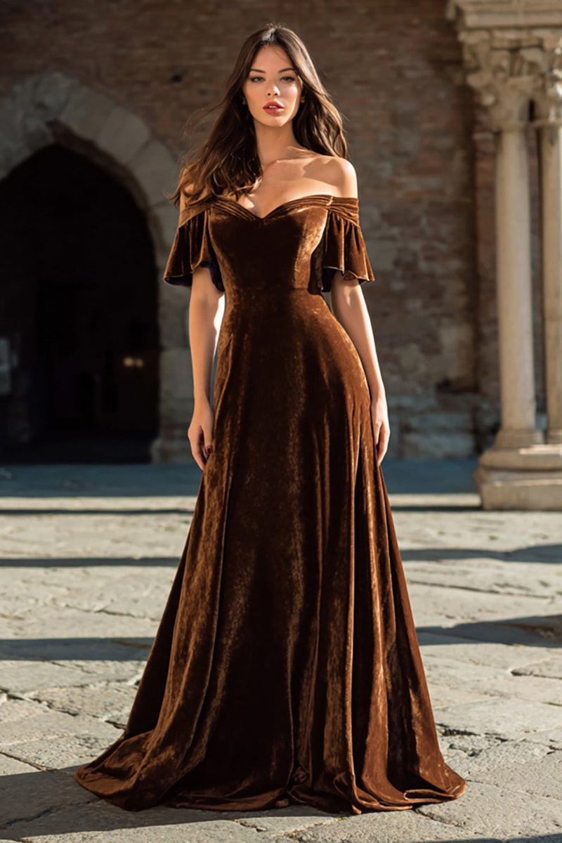 Load image into Gallery viewer, Brown Velvet A Line Long Holiday Party Dress with Ruffles