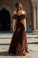 Load image into Gallery viewer, Brown Velvet A Line Long Holiday Party Dress with Ruffles