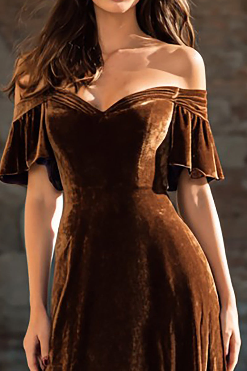 Load image into Gallery viewer, Brown Velvet A Line Long Holiday Party Dress with Ruffles