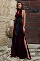 Load image into Gallery viewer, Burgundy High Neck Maxi Velvet Holiday Party Dress with Keyhole