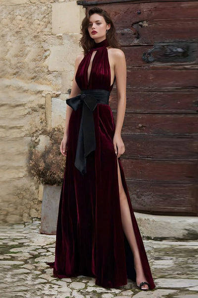 Burgundy High Neck Maxi Velvet Holiday Party Dress with Keyhole