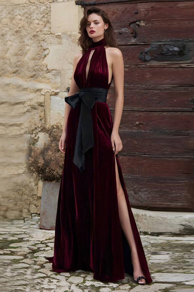 Load image into Gallery viewer, Burgundy High Neck Maxi Velvet Holiday Party Dress with Keyhole