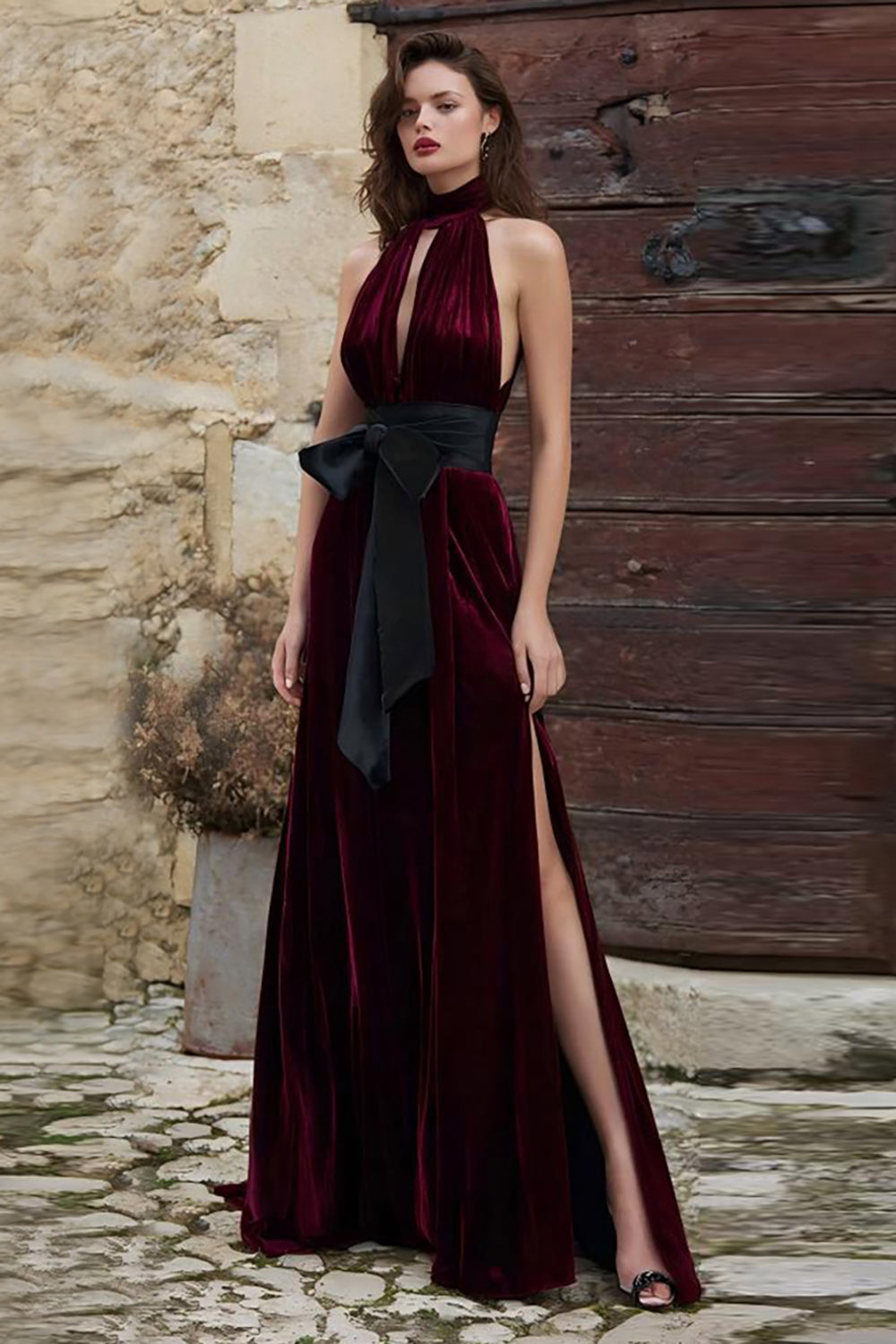 Burgundy High Neck Maxi Velvet Holiday Party Dress with Keyhole