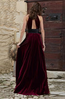 Load image into Gallery viewer, Burgundy High Neck Maxi Velvet Holiday Party Dress with Keyhole