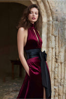 Load image into Gallery viewer, Burgundy High Neck Maxi Velvet Holiday Party Dress with Keyhole