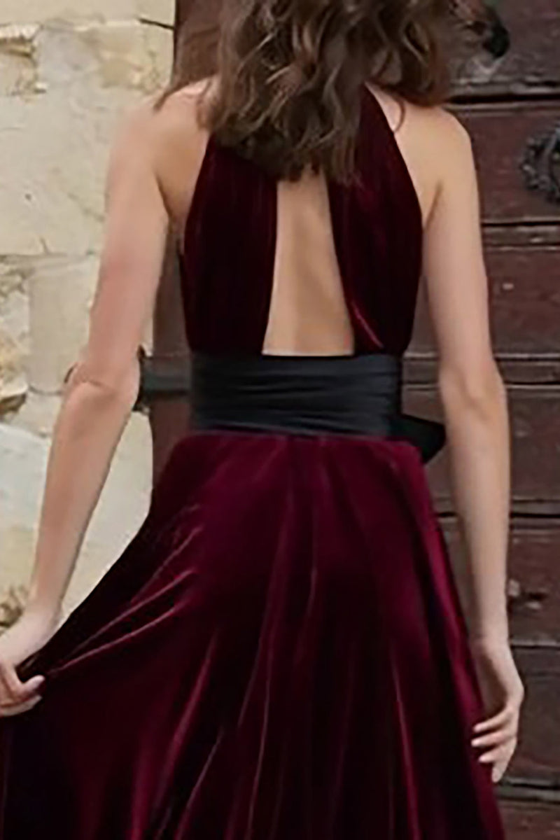 Load image into Gallery viewer, Burgundy High Neck Maxi Velvet Holiday Party Dress with Keyhole