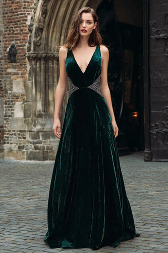 Sparkly Dark Green Velvet Beaded Maxi Holiday Party Dress