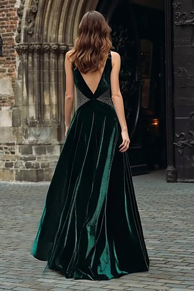 Load image into Gallery viewer, Sparkly Dark Green Velvet Beaded Maxi Holiday Party Dress