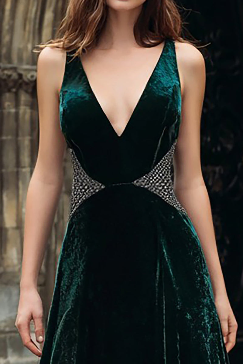 Load image into Gallery viewer, Sparkly Dark Green Velvet Beaded Maxi Holiday Party Dress
