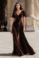Load image into Gallery viewer, Brown V Neck Velvet Maxi Holiday Party Dress with Slit