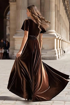 Brown V Neck Velvet Maxi Holiday Party Dress with Slit