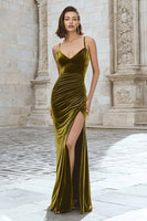 Load image into Gallery viewer, Olive Velvet Maxi Mermaid Holiday Party Dress with Slit
