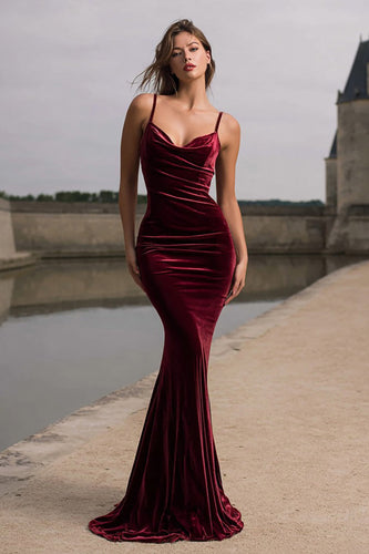 Burgundy Spaghetti Straps Mermaid Velvet Maxi Holiday Party Dress