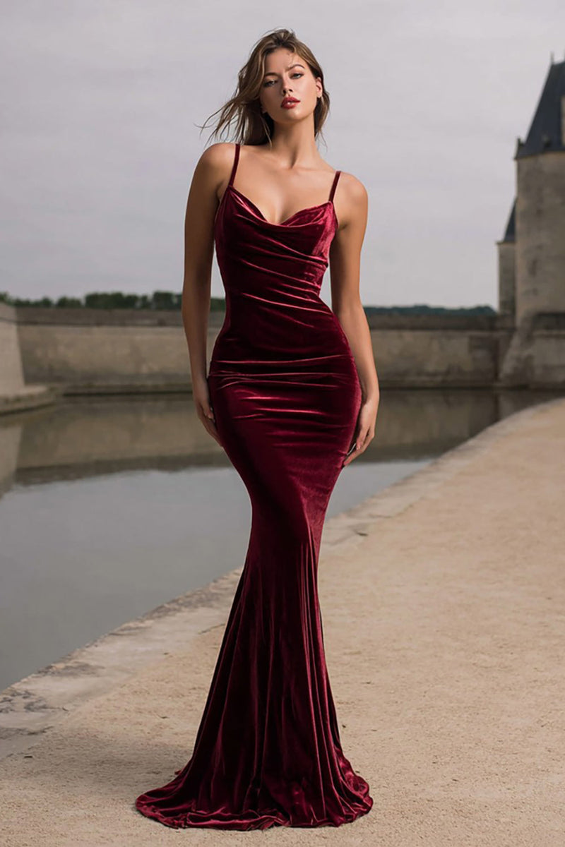 Load image into Gallery viewer, Burgundy Spaghetti Straps Mermaid Velvet Maxi Holiday Party Dress