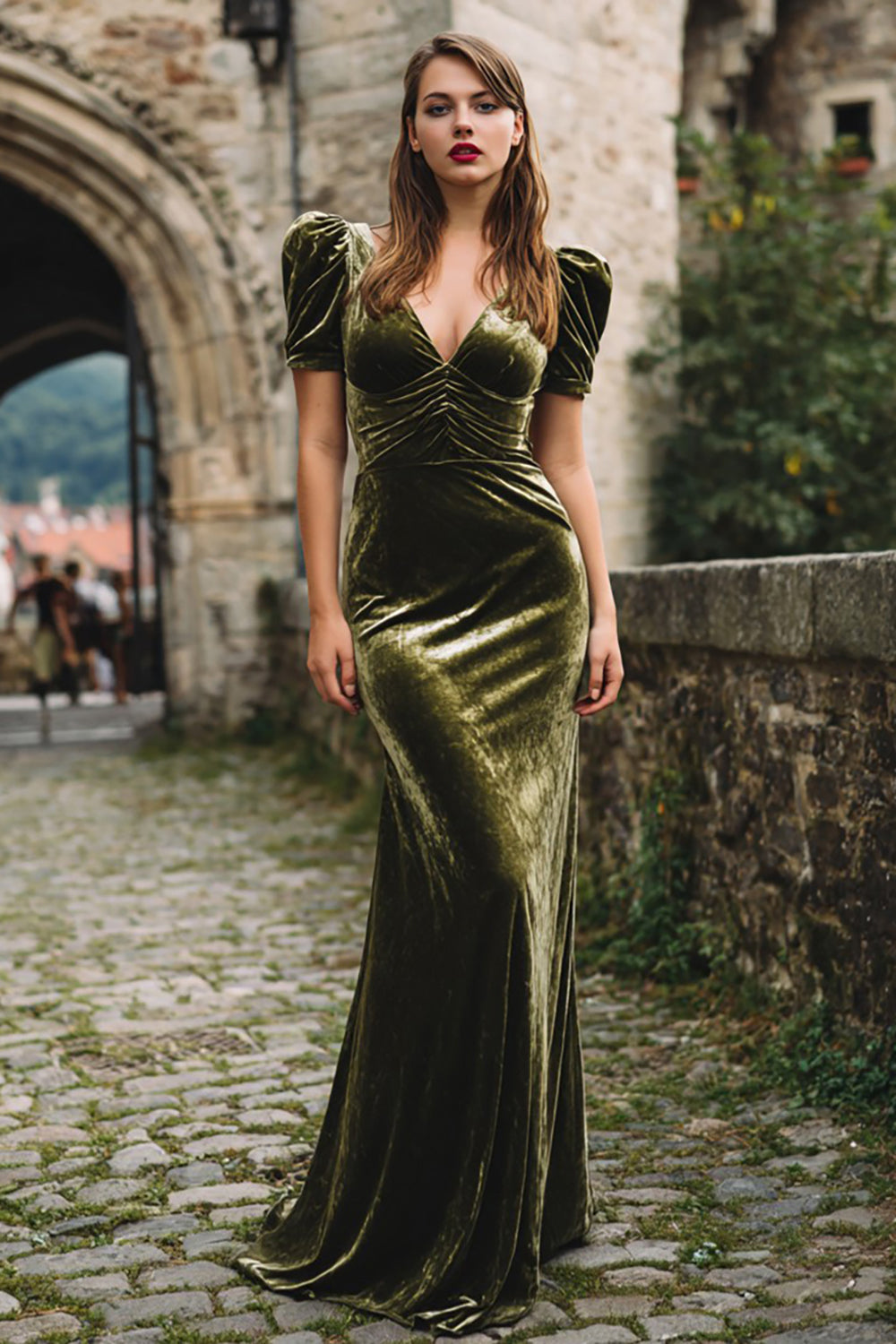 Olive Velvet Maxi Mermaid Holiday Party Dress with Sleeves