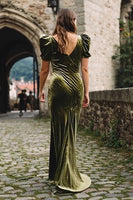 Load image into Gallery viewer, Olive Velvet Maxi Mermaid Holiday Party Dress with Sleeves