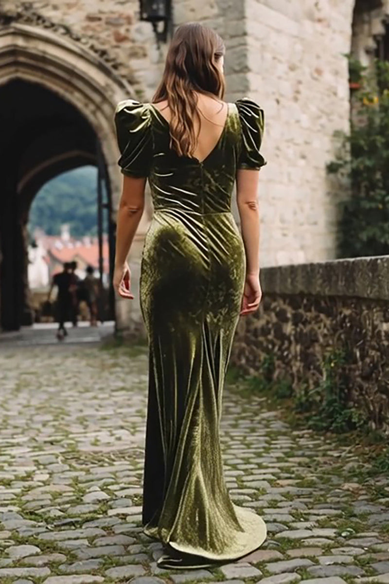 Load image into Gallery viewer, Olive Velvet Maxi Mermaid Holiday Party Dress with Sleeves