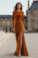 Load image into Gallery viewer, Caramel Sheath Velvet Maxi Holiday Party Dress with Slit