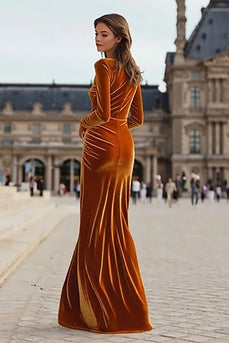 Caramel Sheath Velvet Maxi Holiday Party Dress with Slit