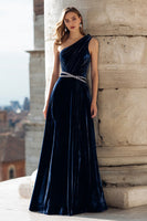 Load image into Gallery viewer, Sparkly Navy Beaded A Line Velvet Maxi Holiday Party Dress