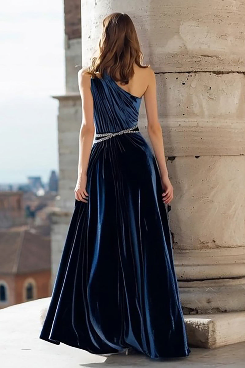 Load image into Gallery viewer, Sparkly Navy Beaded A Line Velvet Maxi Holiday Party Dress