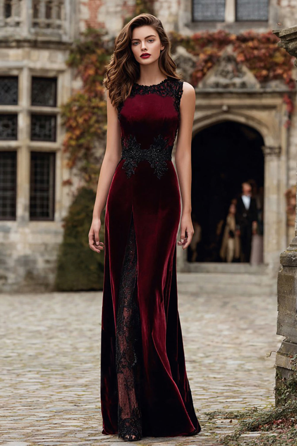 Burgundy Round Neck Mermaid Velvet Maxi Holiday Party Dress with Lace