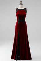 Load image into Gallery viewer, Burgundy Round Neck Mermaid Velvet Maxi Holiday Party Dress with Lace