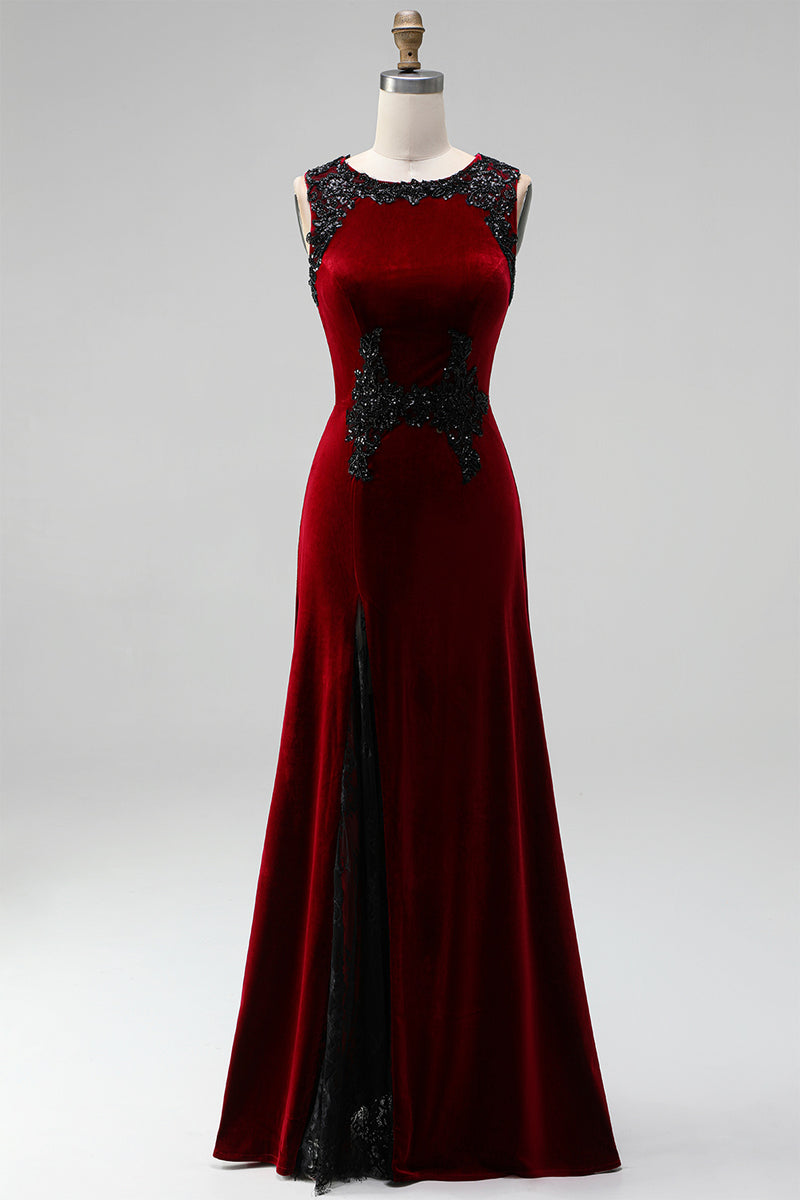 Load image into Gallery viewer, Burgundy Round Neck Mermaid Velvet Maxi Holiday Party Dress with Lace