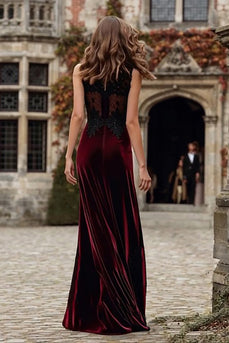 Burgundy Round Neck Mermaid Velvet Maxi Holiday Party Dress with Lace
