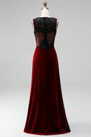 Load image into Gallery viewer, Burgundy Round Neck Mermaid Velvet Maxi Holiday Party Dress with Lace