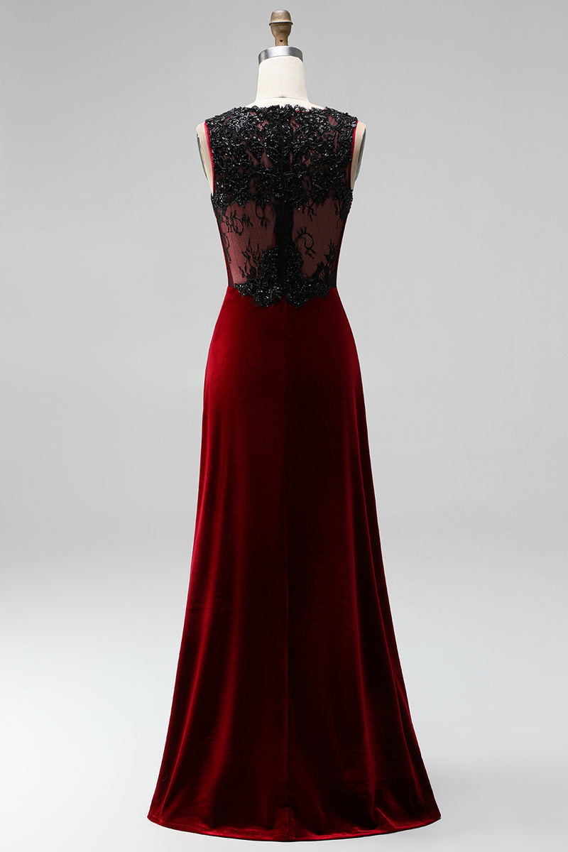 Load image into Gallery viewer, Burgundy Round Neck Mermaid Velvet Maxi Holiday Party Dress with Lace