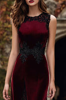 Load image into Gallery viewer, Burgundy Round Neck Mermaid Velvet Maxi Holiday Party Dress with Lace