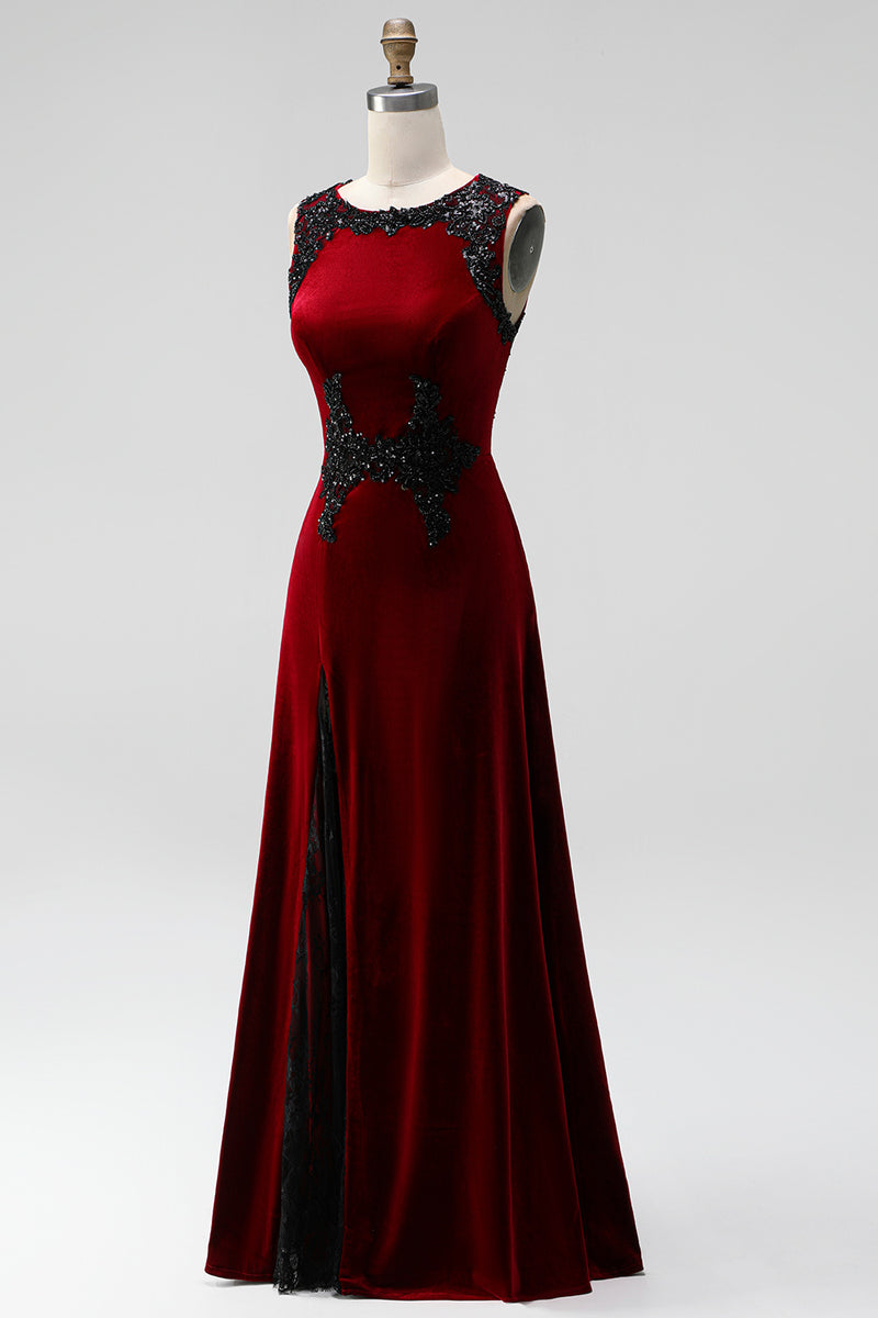 Load image into Gallery viewer, Burgundy Round Neck Mermaid Velvet Maxi Holiday Party Dress with Lace