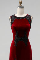 Load image into Gallery viewer, Burgundy Round Neck Mermaid Velvet Maxi Holiday Party Dress with Lace