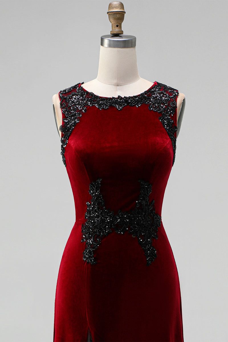 Load image into Gallery viewer, Burgundy Round Neck Mermaid Velvet Maxi Holiday Party Dress with Lace