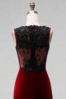 Load image into Gallery viewer, Burgundy Round Neck Mermaid Velvet Maxi Holiday Party Dress with Lace