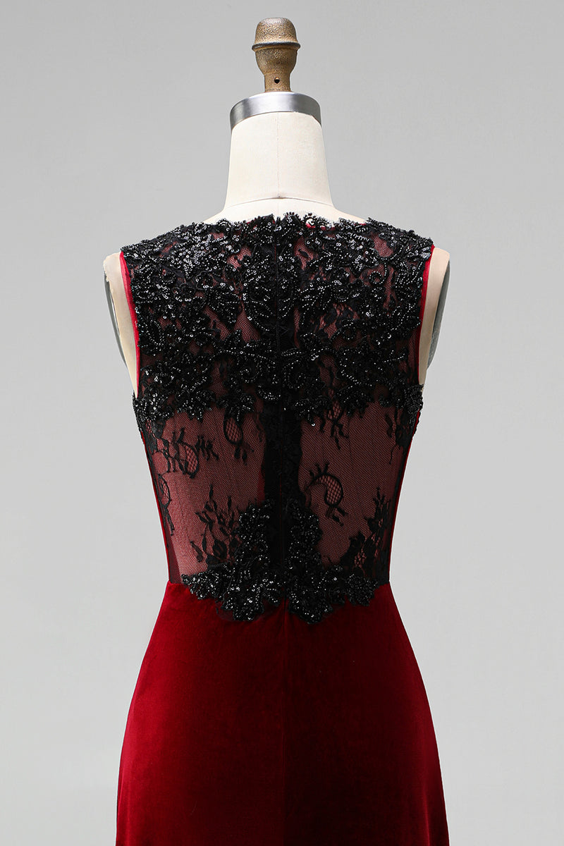 Load image into Gallery viewer, Burgundy Round Neck Mermaid Velvet Maxi Holiday Party Dress with Lace