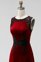 Load image into Gallery viewer, Burgundy Round Neck Mermaid Velvet Maxi Holiday Party Dress with Lace