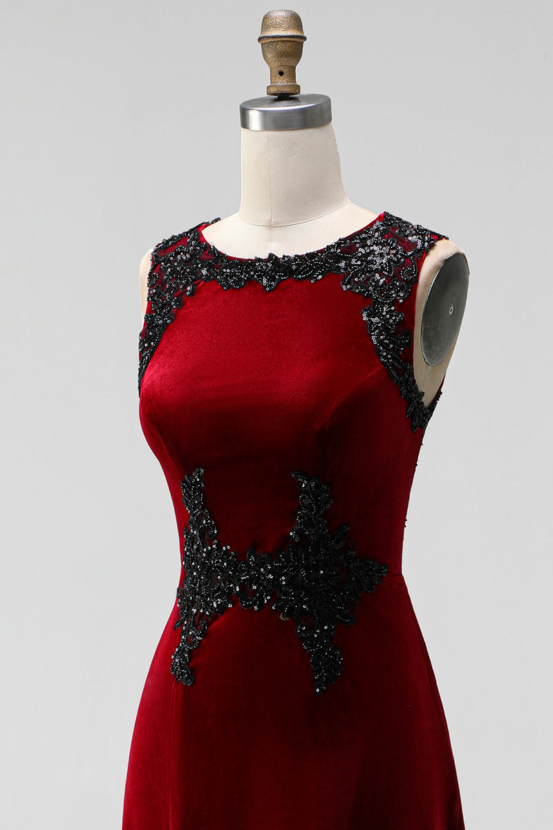 Load image into Gallery viewer, Burgundy Round Neck Mermaid Velvet Maxi Holiday Party Dress with Lace