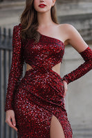 Load image into Gallery viewer, Sparkly Burgundy Cut Out Mermaid Sequin Long Prom Dress with Slit