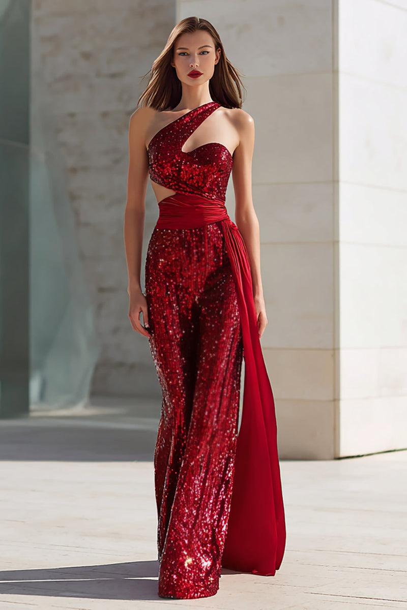 Load image into Gallery viewer, Sparkly Red Mermaid Cut Out Maxi Prom Dress with Side Cape