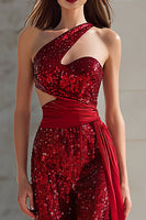 Load image into Gallery viewer, Sparkly Red Mermaid Cut Out Maxi Prom Dress with Side Cape