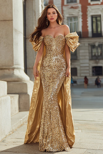 Sparkly Gold Off the Shoulder Mermaid Long Sequin Prom Dress with Cape