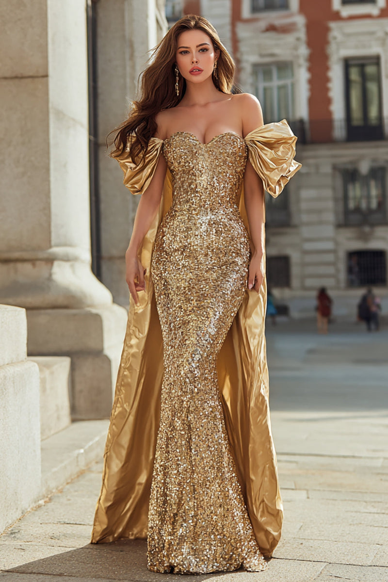 Load image into Gallery viewer, Sparkly Gold Off the Shoulder Mermaid Long Sequin Prom Dress with Cape