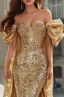 Load image into Gallery viewer, Sparkly Gold Off the Shoulder Mermaid Long Sequin Prom Dress with Cape