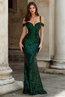 Load image into Gallery viewer, Sparkly Dark Green Mermaid Cold Shoulder Maxi Prom Dress