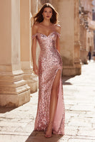 Load image into Gallery viewer, Sparkly Pink Mermaid Off the Shoulder Maxi Prom Dress with Slit