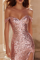 Load image into Gallery viewer, Sparkly Pink Mermaid Off the Shoulder Maxi Prom Dress with Slit