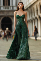 Load image into Gallery viewer, Sparkly Dark Green Spaghetti Straps Sequin Maxi Prom Dress