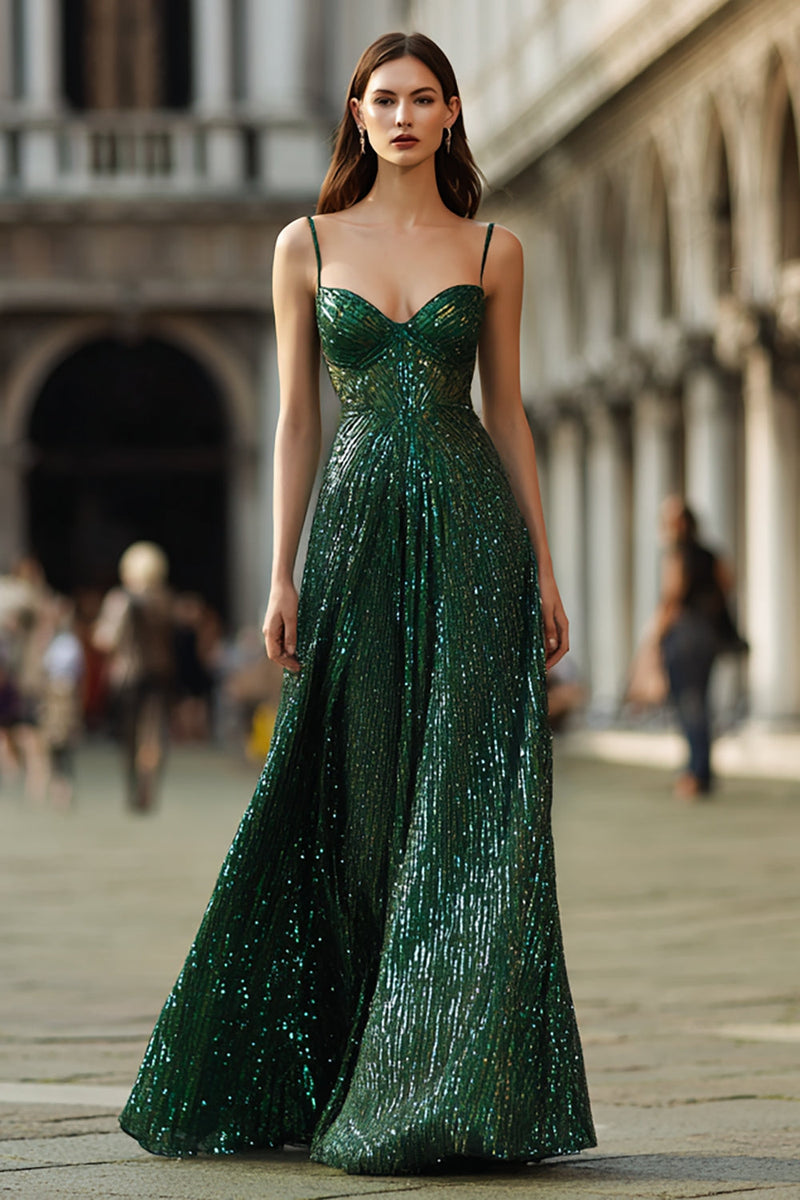 Load image into Gallery viewer, Sparkly Dark Green Spaghetti Straps Sequin Maxi Prom Dress